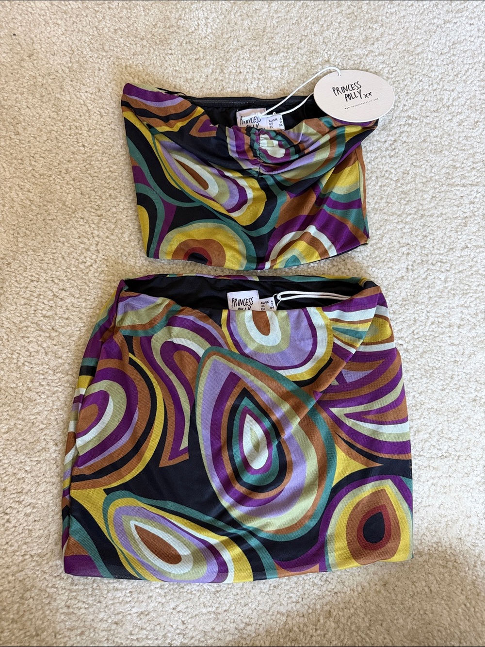 Princess Polly Psychedelic Abstract Mini Skirt Set - Purple, Green & Gold